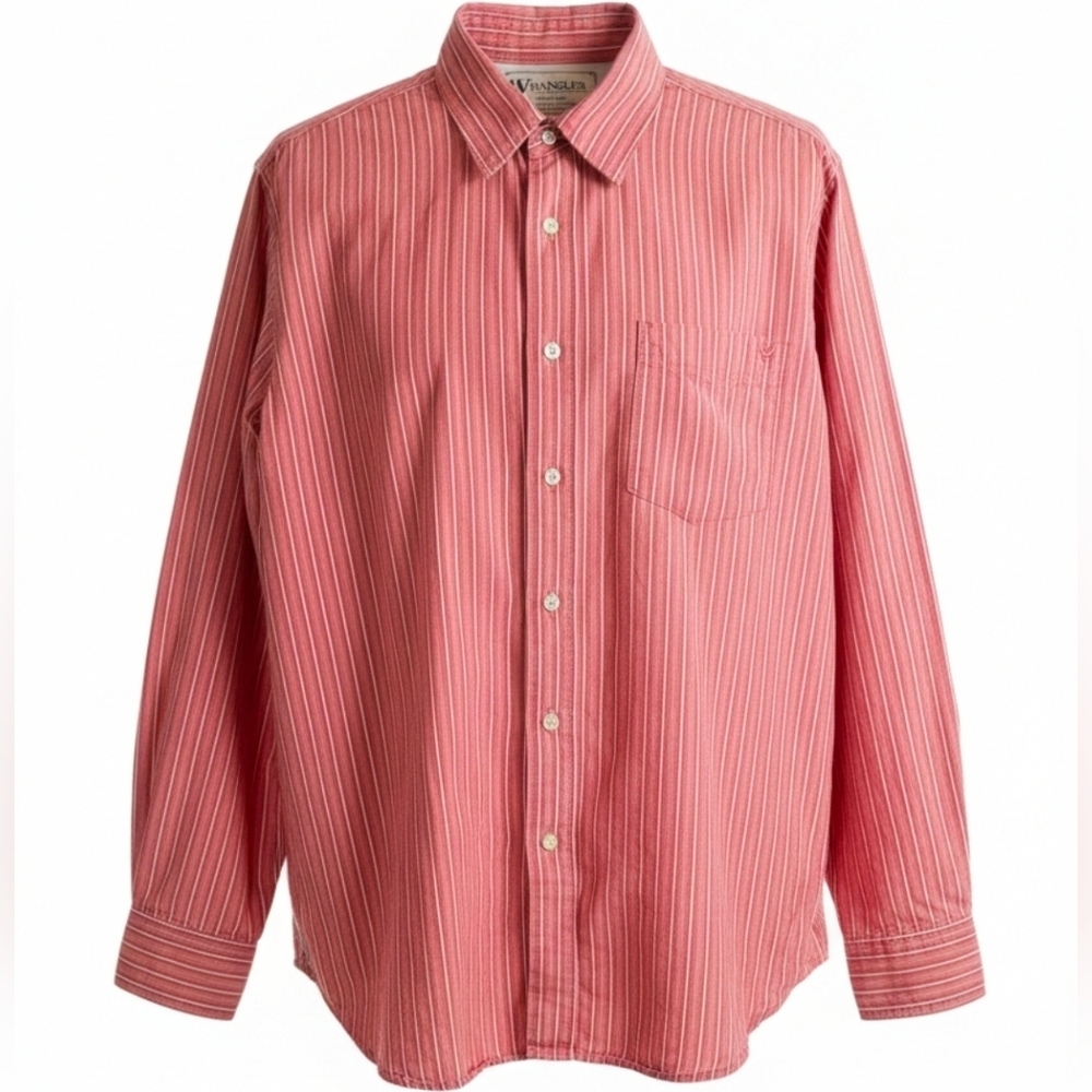 Men's Long Sleeve Red Striped Cotton Button Down Shirt Large Wrangler Jeans Co.